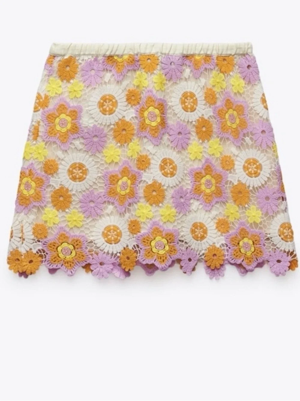 ZARA - Pink and Yellow Floral Crochet Mini Skirt - Size XS